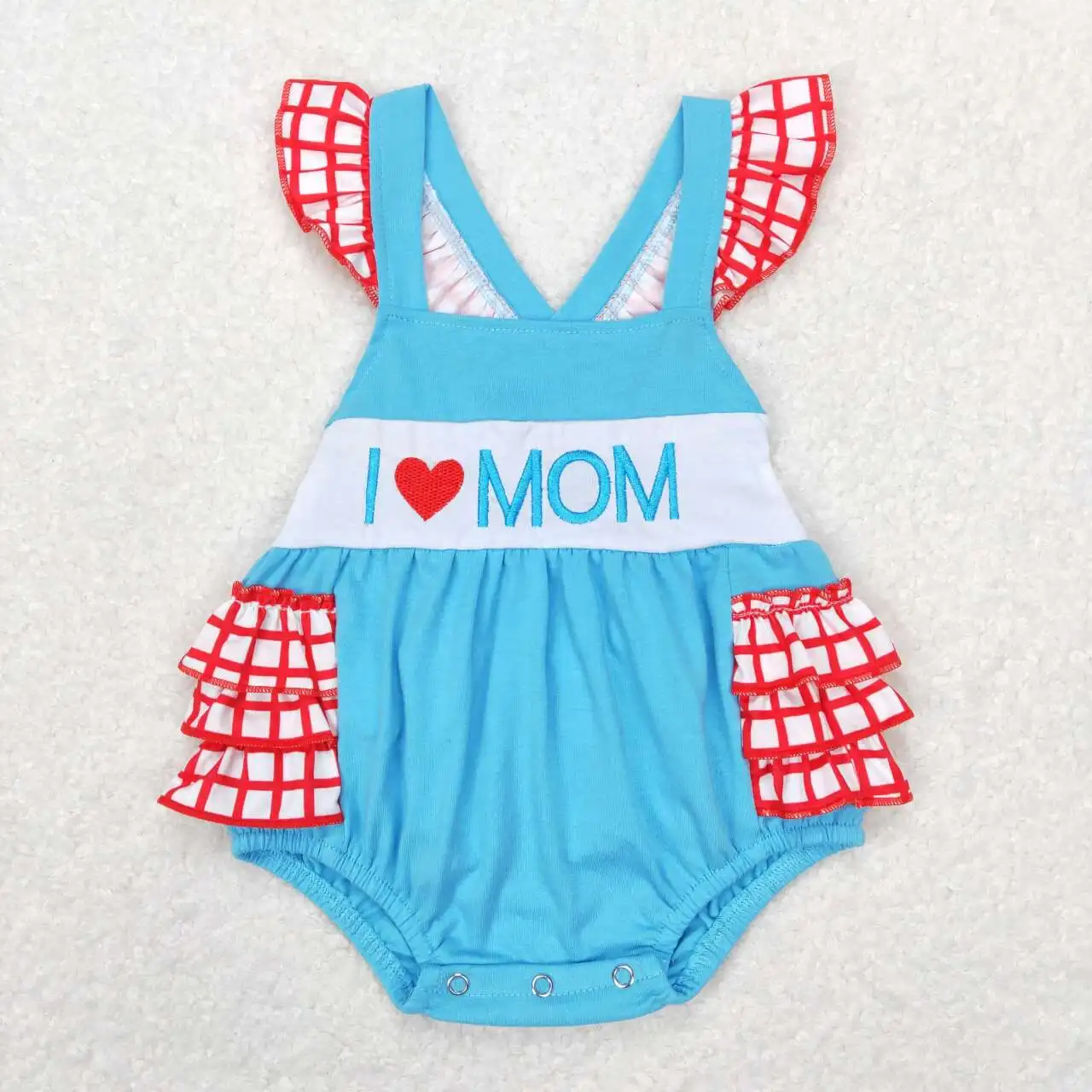Wholesale hot sale baby kids clothes newborn toddler Embroidered letter red and white check lace Blue flying sleeve onesie
Wholesale hot sale baby kids clothes newborn toddler Embroidered letter red and white check lace Blue flying sleeve onesie