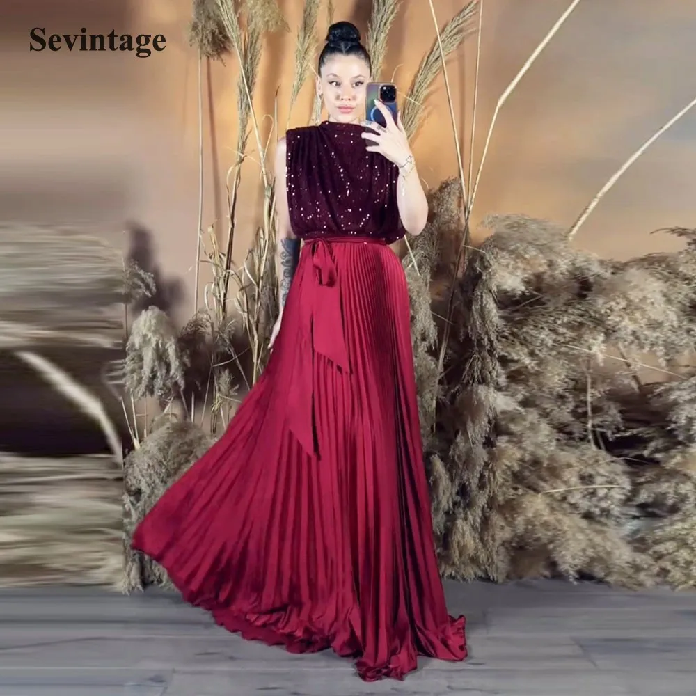 Sevintage Sparkly Evening Dress O-Neck Sequined Top A-Line Burgundy Floor Length Arabic Prom Gown Wedding Party Dress Belt
Sevintage Sparkly Evening Dress O-Neck Sequined Top A-Line Burgundy Floor Length Arabic Prom Gown Wedding Party Dress Belt