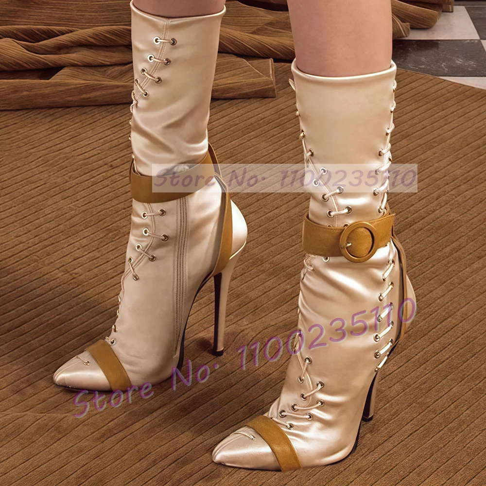 Champagne Satin Mid Calf Boots Women Novelty Pointed Toe Brown Buckle Strap Slim Shoes Splicing Sewing High Heels Side Zip Boots
Champagne Satin Mid Calf Boots Women Novelty Pointed Toe Brown Buckle Strap Slim Shoes Splicing Sewing High Heels Side Zip Boots