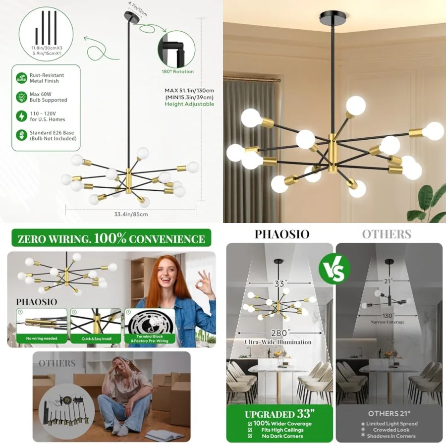 Sputnik Chandelier, Mid Century Modern Height Adjustable Ceiling Light Fixture for Dining Room, Kitchen Island, Living Room, Be
Sputnik Chandelier, Mid Century Modern Height Adjustable Ceiling Light Fixture for Dining Room, Kitchen Island, Living Room, Be