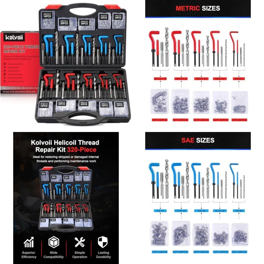Helicoil Thread Repair Kit 320-Piece, Metric & SAE HSS Drill Bits Tap Set, Spark Plug Engine Stud Insert for Automotive Rethreading Restorer Tool
Helicoil Thread Repair Kit 320-Piece, Metric & SAE HSS Drill Bits Tap Set, Spark Plug Engine Stud Insert for Automotive Rethreading Restorer Tool