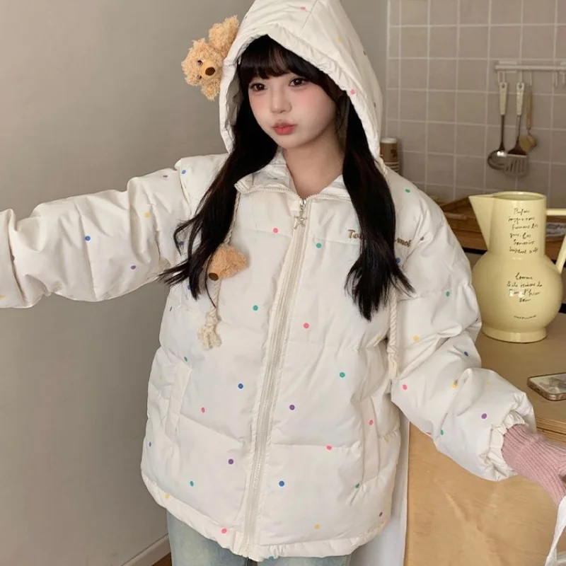 Women Sweet Apricot Color Polka Dot Hood Cotton Coat Women Cute Bear Doll Drawstring Rib Cuffs Short Warm Winter Padded Jacket
Women Sweet Apricot Color Polka Dot Hood Cotton Coat Women Cute Bear Doll Drawstring Rib Cuffs Short Warm Winter Padded Jacket