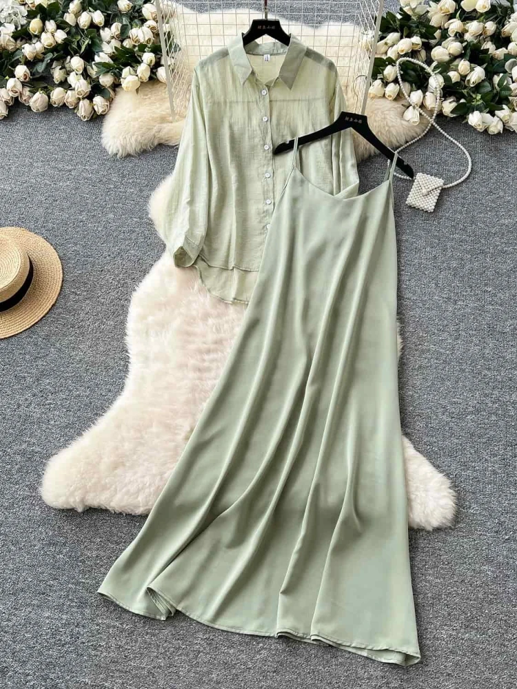 French style women's spring long sleeved lapel collared shirt+loose slimming camisole satin dress elegant two-piece set
French style women's spring long sleeved lapel collared shirt+loose slimming camisole satin dress elegant two-piece set