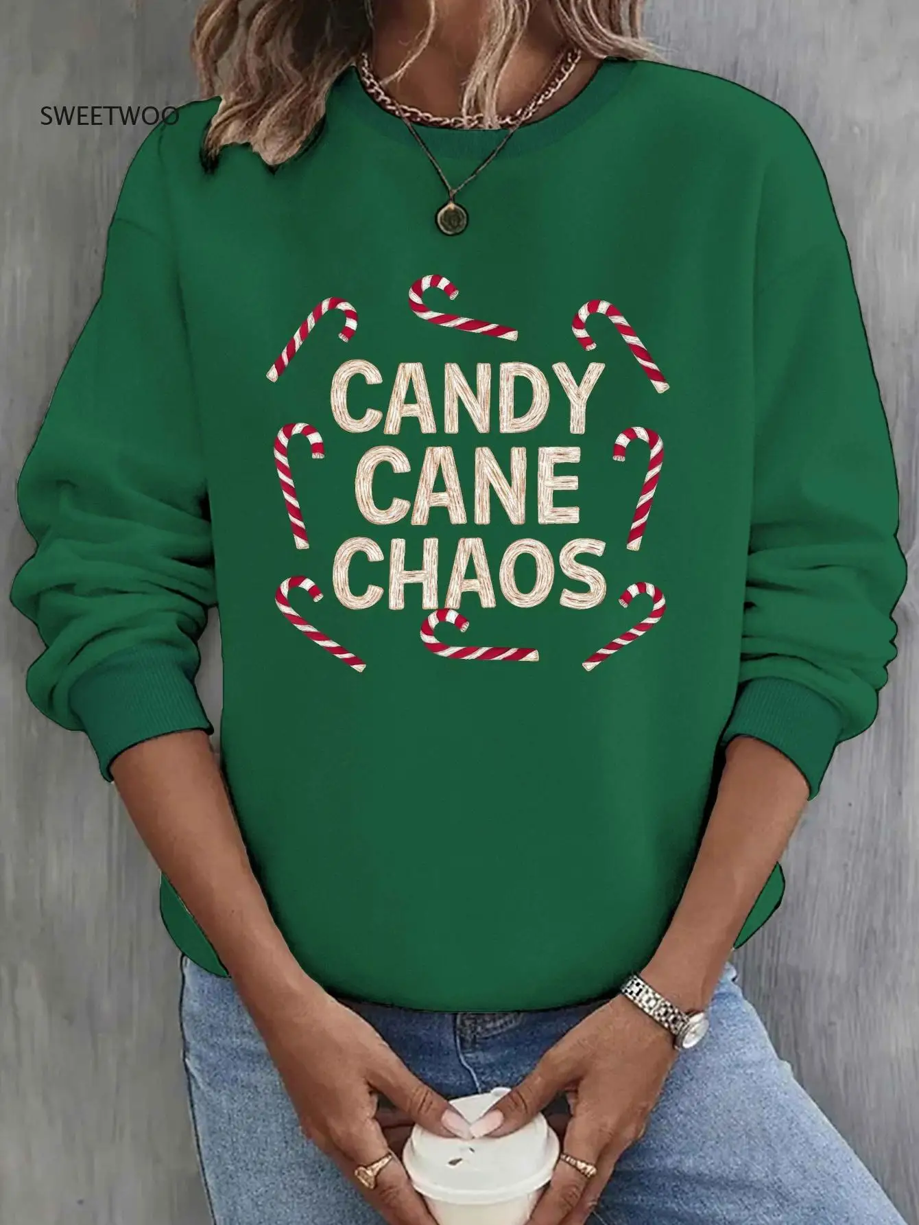 Women's Casual Sweatshirt with Candy Cane Chaos Graphic Print, Crew Neck, Geometric Pattern,fall/winter Fashion
Women's Casual Sweatshirt with Candy Cane Chaos Graphic Print, Crew Neck, Geometric Pattern,fall/winter Fashion