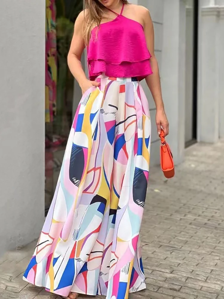 Sexy Halter Tops High Waist Pants Outfits Elegant Office Lady Print Matching Set Women Summer Sleeveless Loose Two Pieces Set
Sexy Halter Tops High Waist Pants Outfits Elegant Office Lady Print Matching Set Women Summer Sleeveless Loose Two Pieces Set