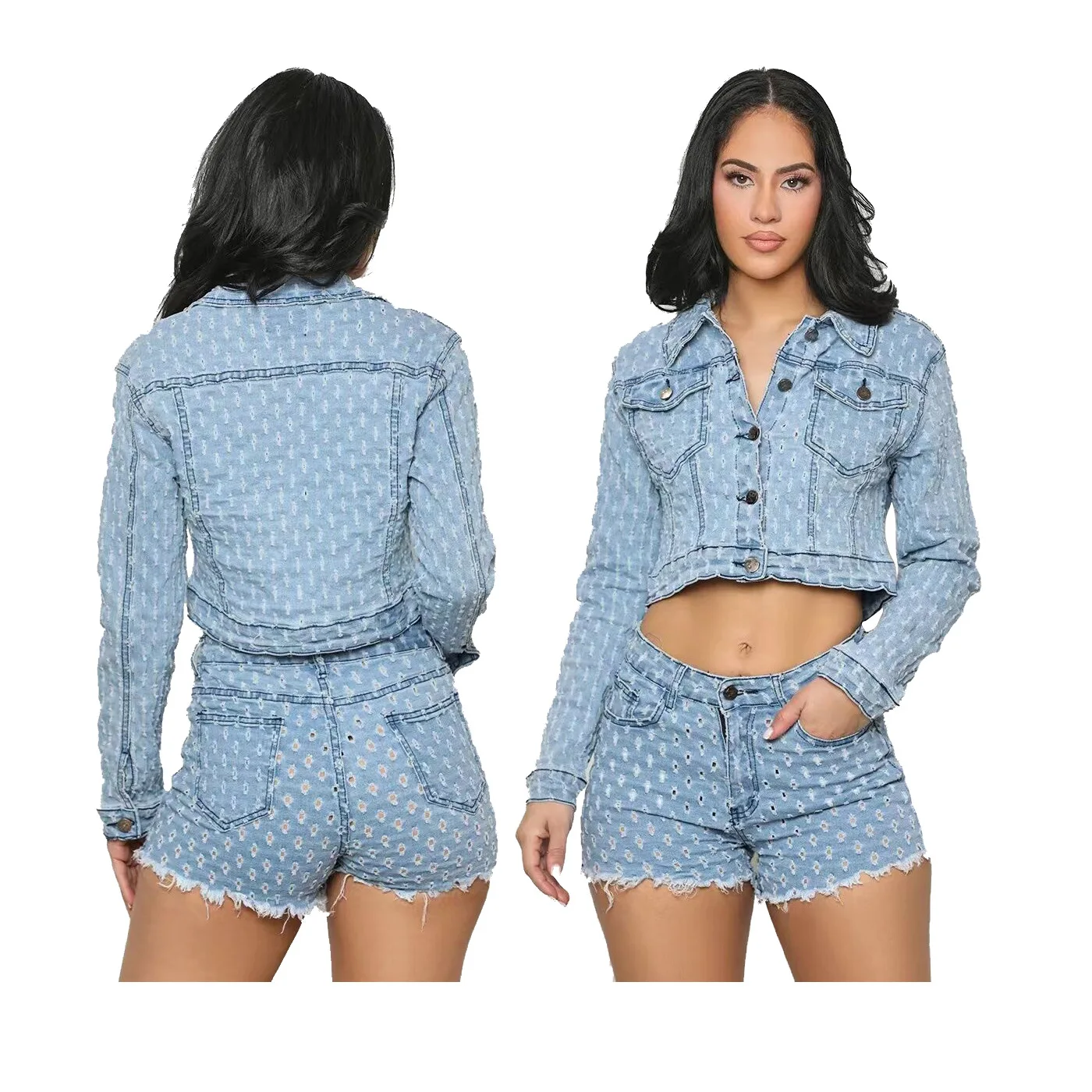 Women Set Spring Summer Fashion Long Sleeves Denim Crop Top And Ripped Jeans Shorts Set Casual Two Piece Set Women Denim Suit
Women Set Spring Summer Fashion Long Sleeves Denim Crop Top And Ripped Jeans Shorts Set Casual Two Piece Set Women Denim Suit