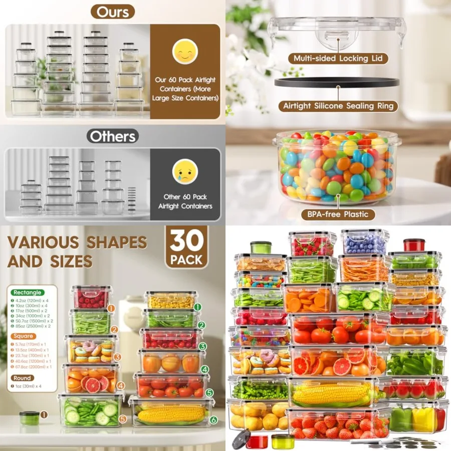 Food Storage Containers with Lids Airtight 30 Containers and 30 Lids,100% Leak Proof Meal Prep Container for Kitchen, BPA-Free
Food Storage Containers with Lids Airtight 30 Containers and 30 Lids,100% Leak Proof Meal Prep Container for Kitchen, BPA-Free