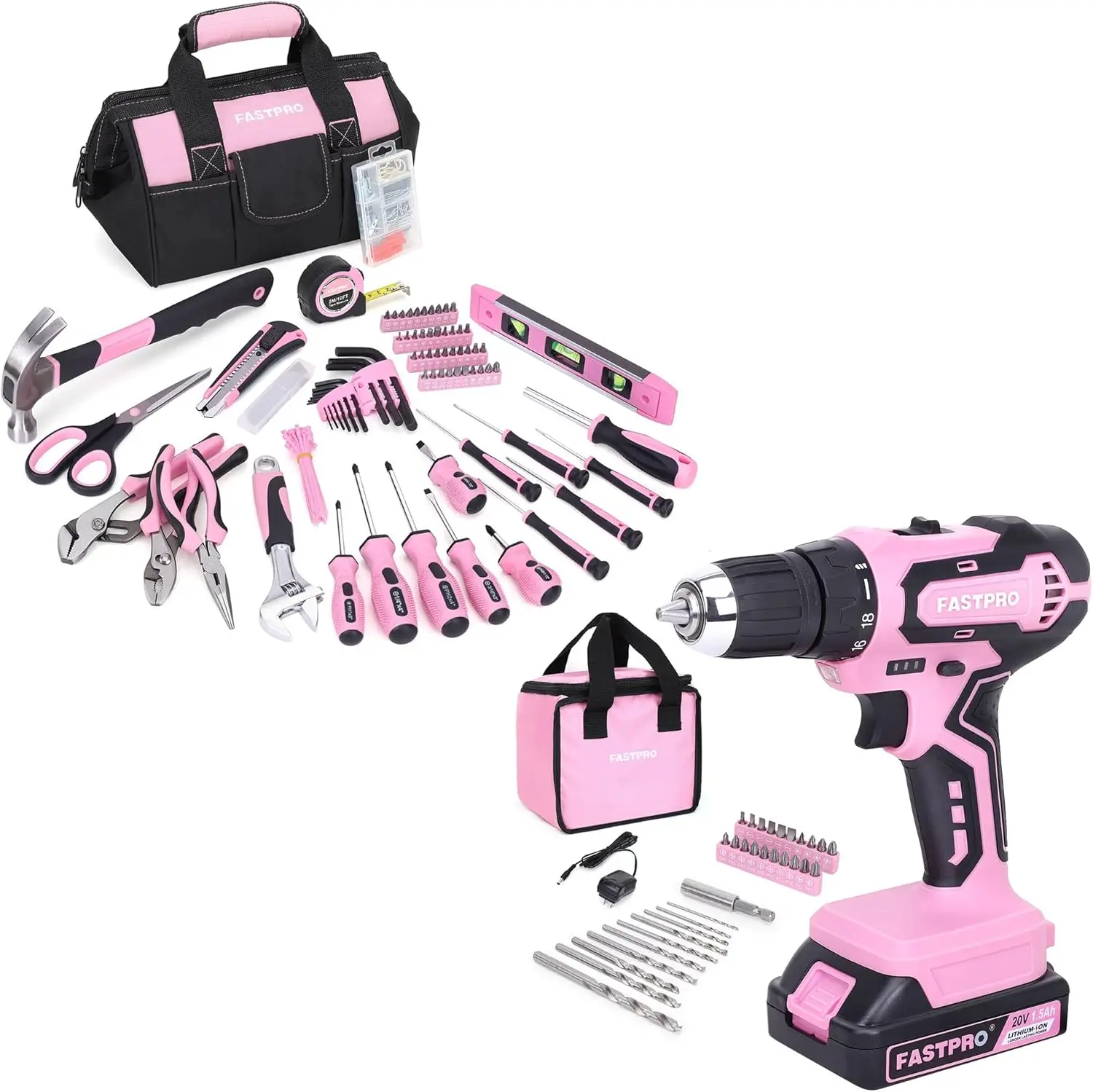 Pink Tool set -220-Piece Lady's Home Repairing Tool Kit & 20V Pink Cordless Lithium-ion Drill Driver
Pink Tool set -220-Piece Lady's Home Repairing Tool Kit & 20V Pink Cordless Lithium-ion Drill Driver