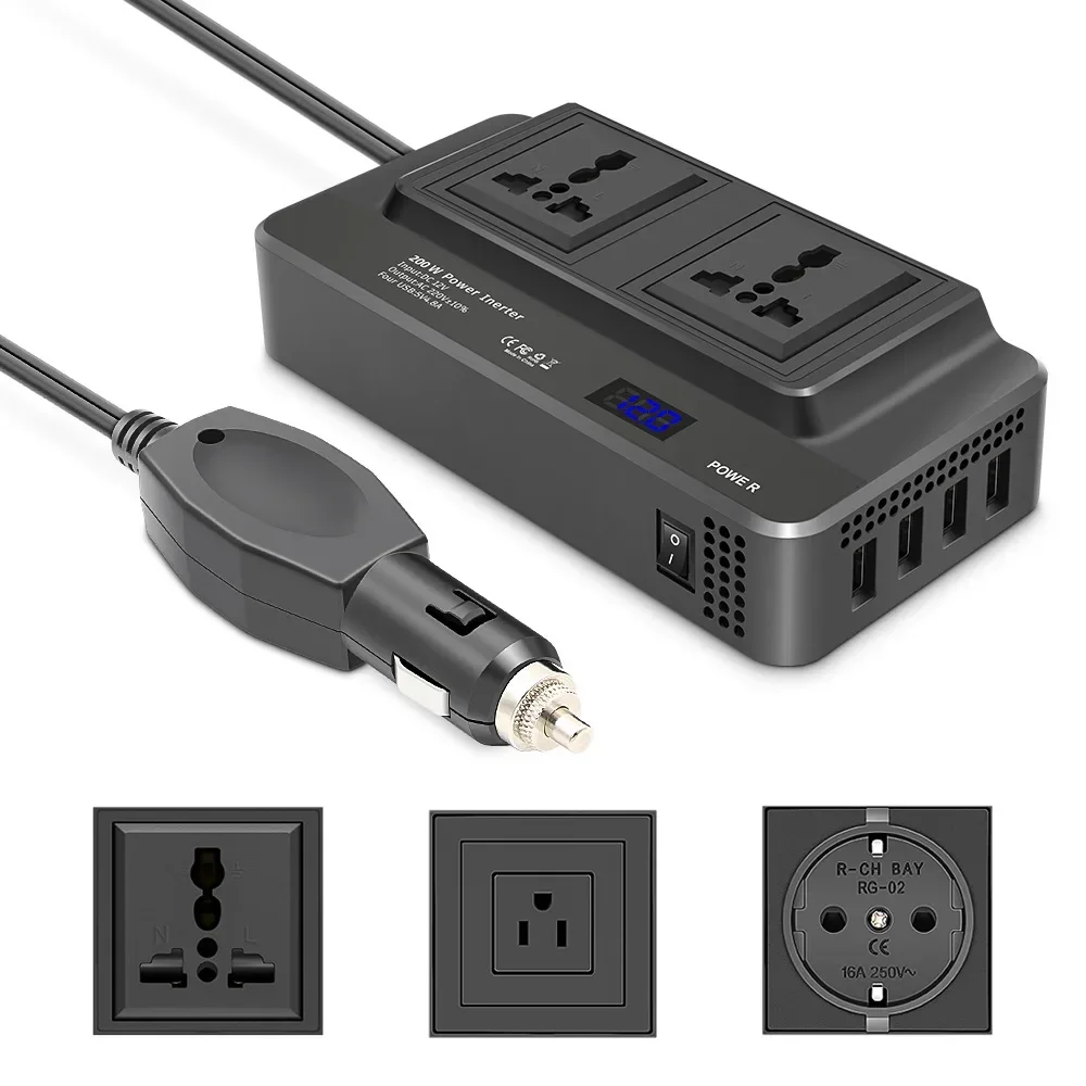 Car Power Inverter 12V 200W 2 sockets 4 USB car inverters, mobile phone charging
Car Power Inverter 12V 200W 2 sockets 4 USB car inverters, mobile phone charging