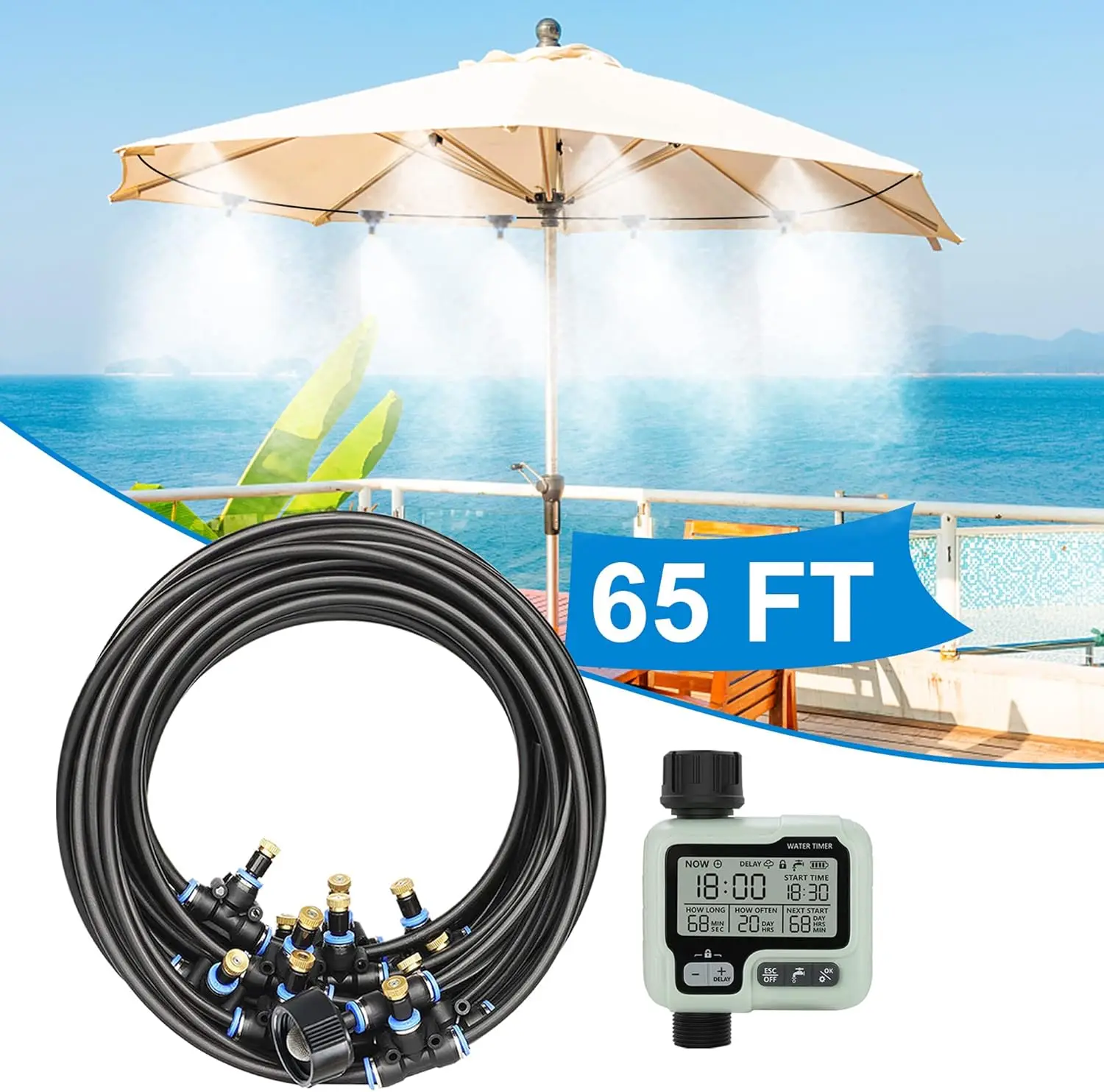 Misting Cooling System 65Ft with Timer for Patio, Backyard, Garden, Greenhouse
Misting Cooling System 65Ft with Timer for Patio, Backyard, Garden, Greenhouse