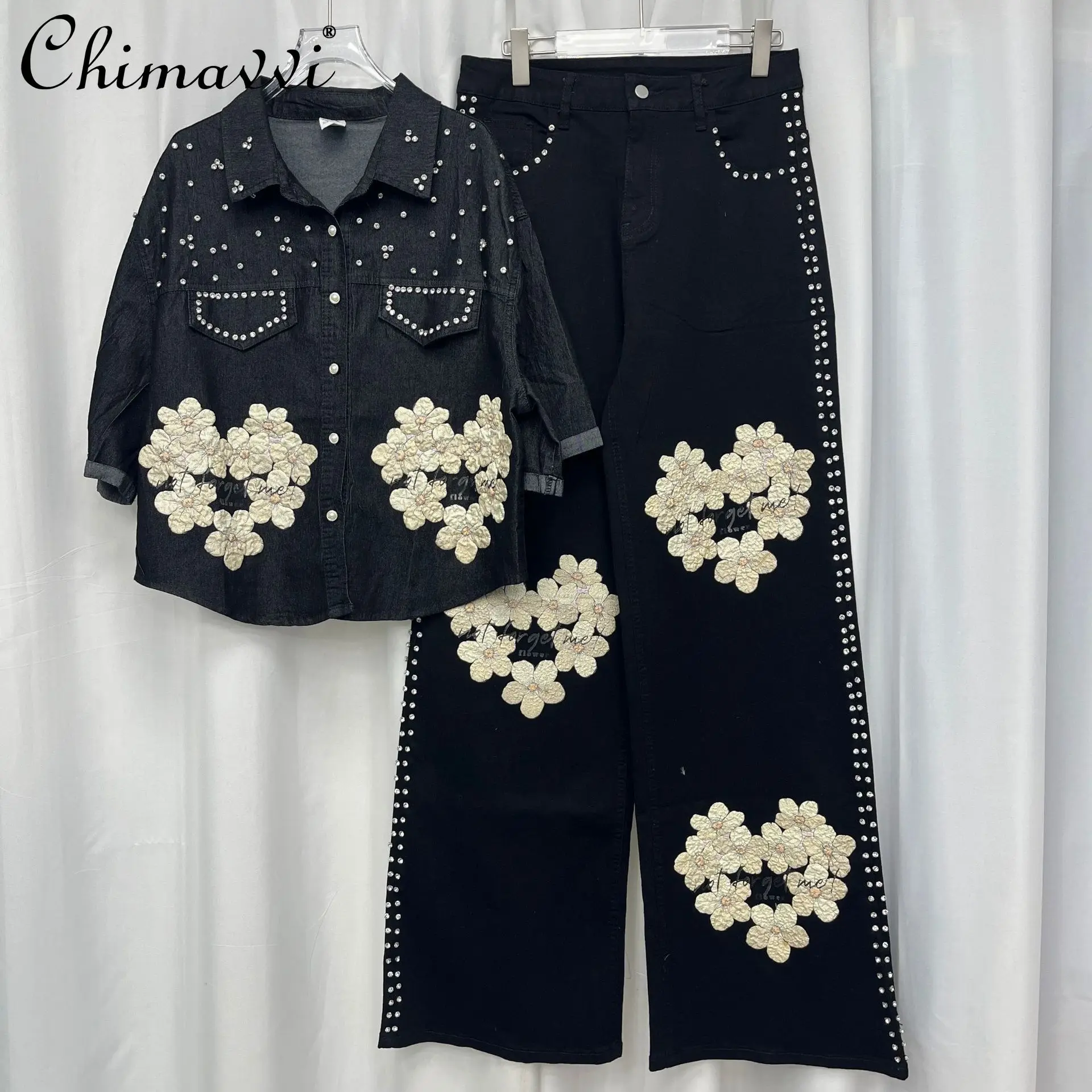 Spring Summer New Heavily Rhinestone Flowers and Embroidery Denim Shirt Wide-leg Jeans Retro Casual Women's Two-piece Set
Spring Summer New Heavily Rhinestone Flowers and Embroidery Denim Shirt Wide-leg Jeans Retro Casual Women's Two-piece Set