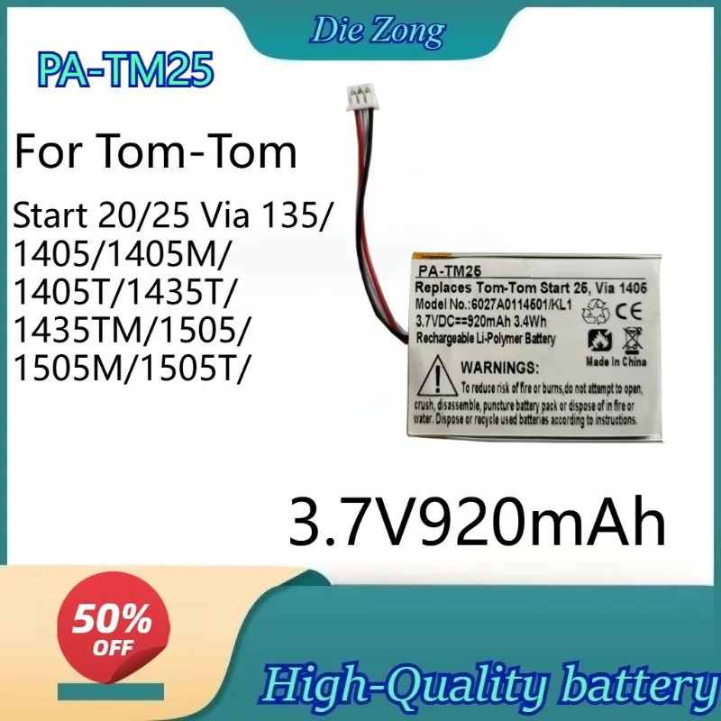 NewPA-TM25 Battery For Tom-Tom Start 20/25 Via135/1405/1405M/1405T/1435T/1435TM/1505/1505M/1505T GPS Compatible KL1 6027A0114501
NewPA-TM25 Battery For Tom-Tom Start 20/25 Via135/1405/1405M/1405T/1435T/1435TM/1505/1505M/1505T GPS Compatible KL1 6027A0114501