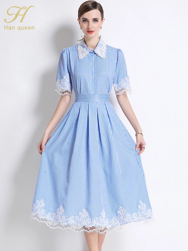 H Han Queen Summer Striped 2 Piece Set Women Lapel Lace Trimds Shirt + High Waist Pleated Midi Skirt Casual Simple Skirt Suit
H Han Queen Summer Striped 2 Piece Set Women Lapel Lace Trimds Shirt + High Waist Pleated Midi Skirt Casual Simple Skirt Suit