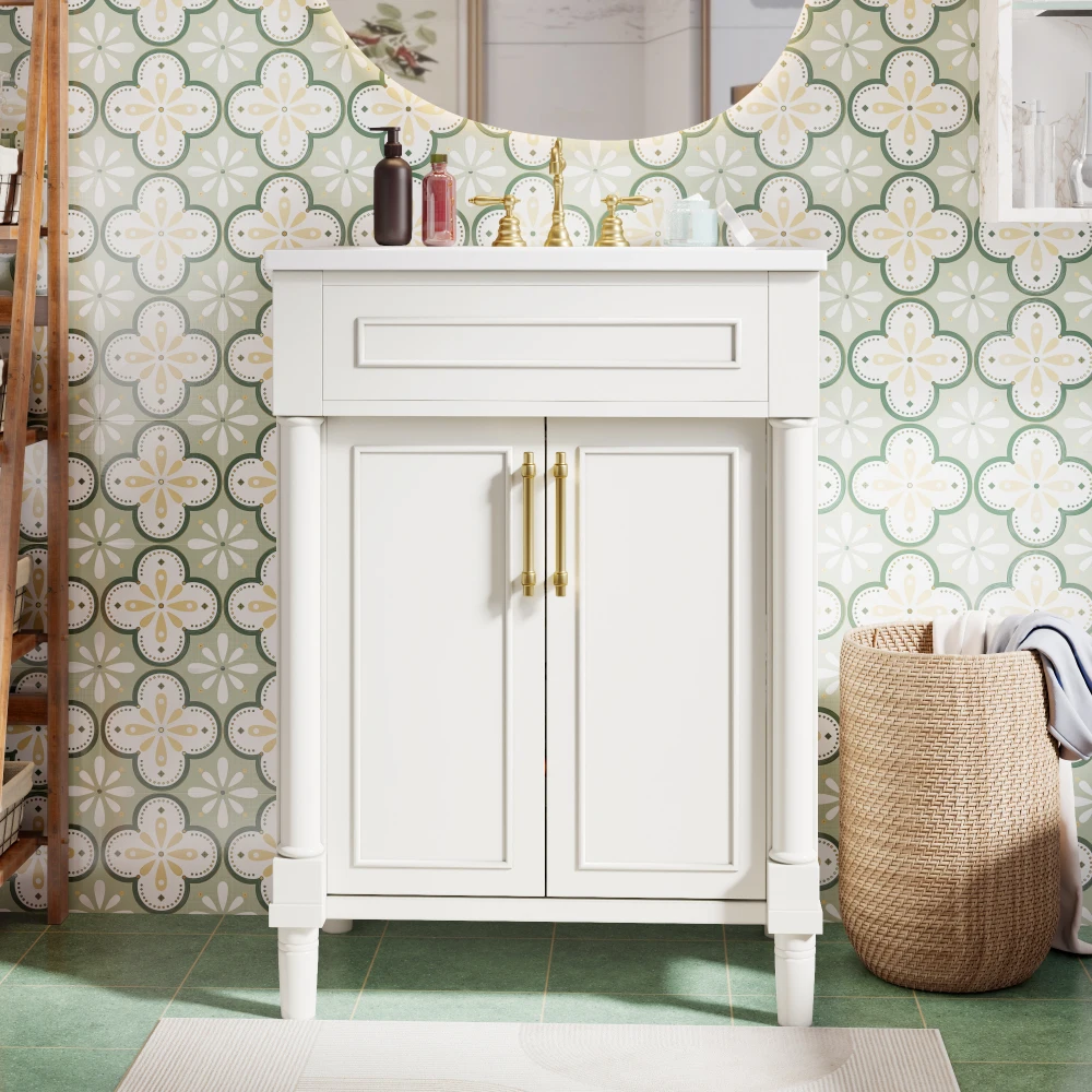 24" Bathroom Vanity: Integrated Ceramic Sink, 2-Door Cabinet for Small/Medium Restrooms
24" Bathroom Vanity: Integrated Ceramic Sink, 2-Door Cabinet for Small/Medium Restrooms