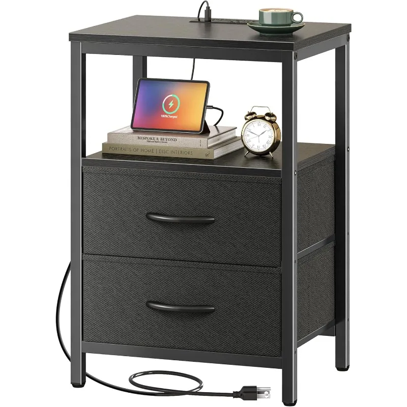 Nightstand with Charging Station, Side Table with Fabric Drawers, End Table with Open Shelf, Bedside Table with USB Ports
Nightstand with Charging Station, Side Table with Fabric Drawers, End Table with Open Shelf, Bedside Table with USB Ports