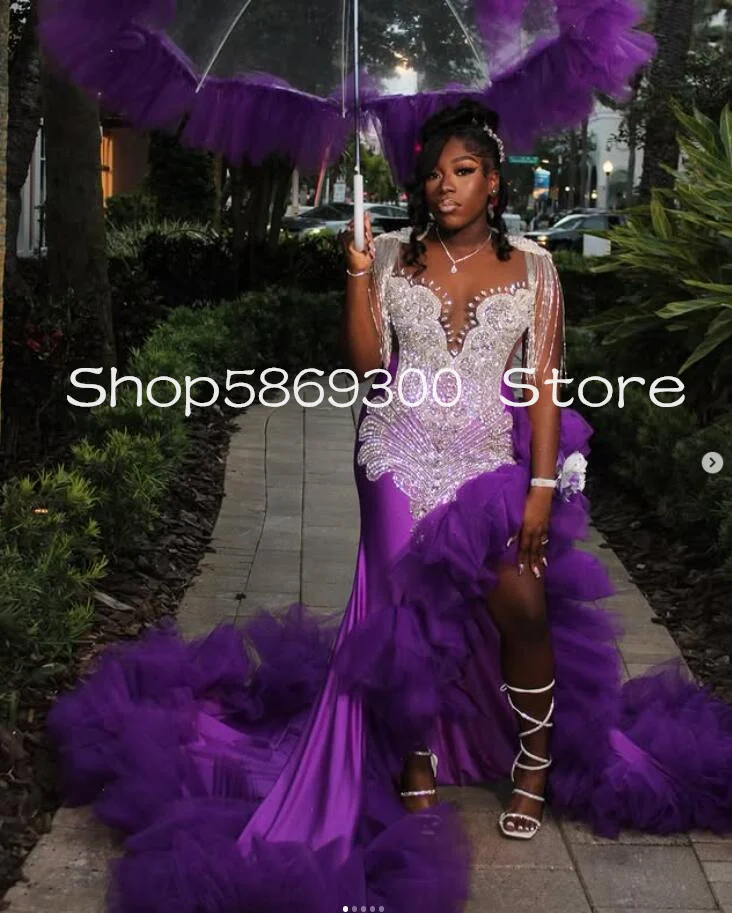 Sparkly Purple Long Mermaid Evening Formal Dresses Luxury Diamond Tassel Ruched Skirt Black Girl Prom Birthday Gala Gown
Sparkly Purple Long Mermaid Evening Formal Dresses Luxury Diamond Tassel Ruched Skirt Black Girl Prom Birthday Gala Gown