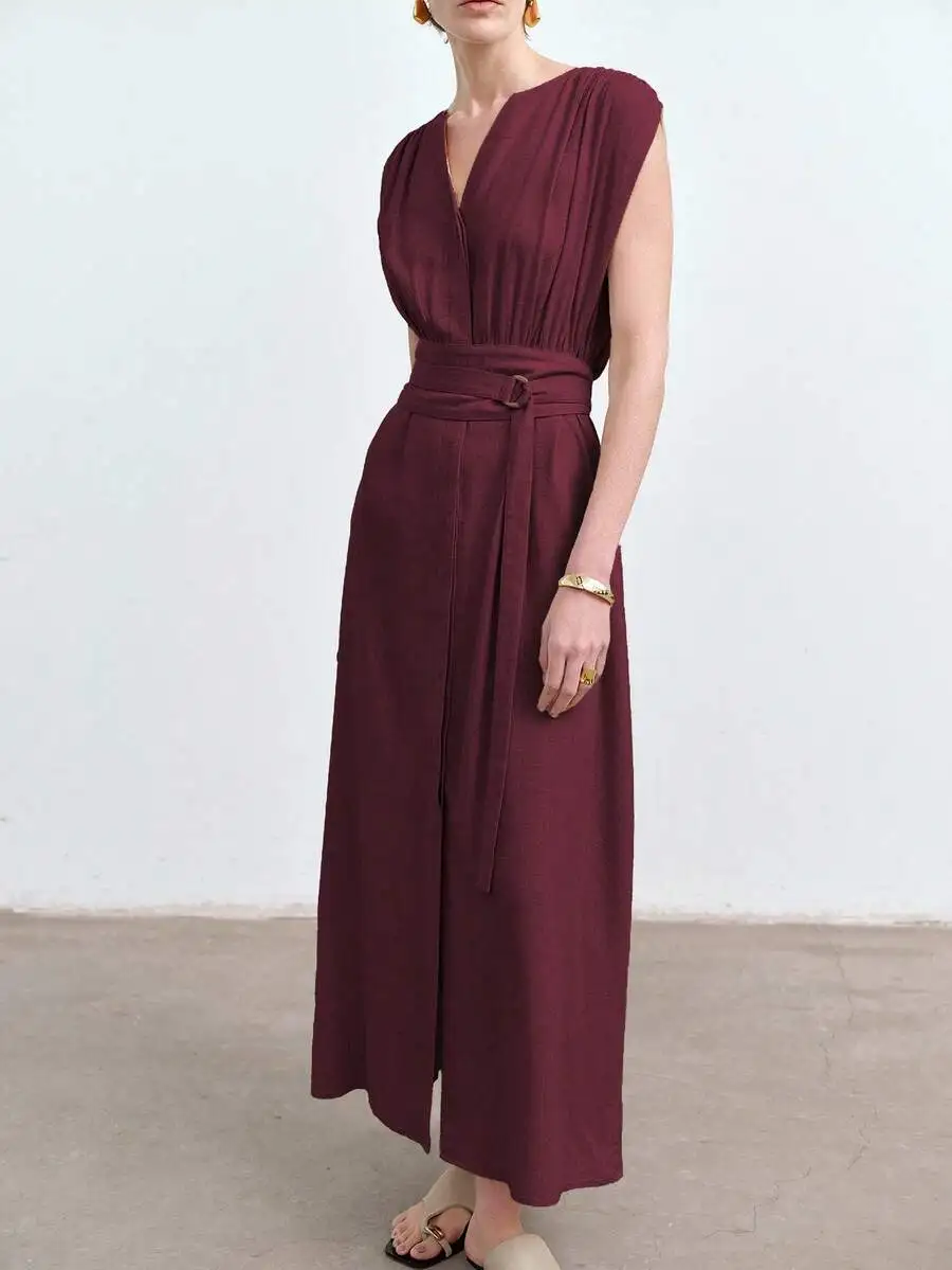 Womens Solid Color V-Neck Sleeveless Linen Dress With Belt Waist Loose Fit Midi Length Casual
Womens Solid Color V-Neck Sleeveless Linen Dress With Belt Waist Loose Fit Midi Length Casual