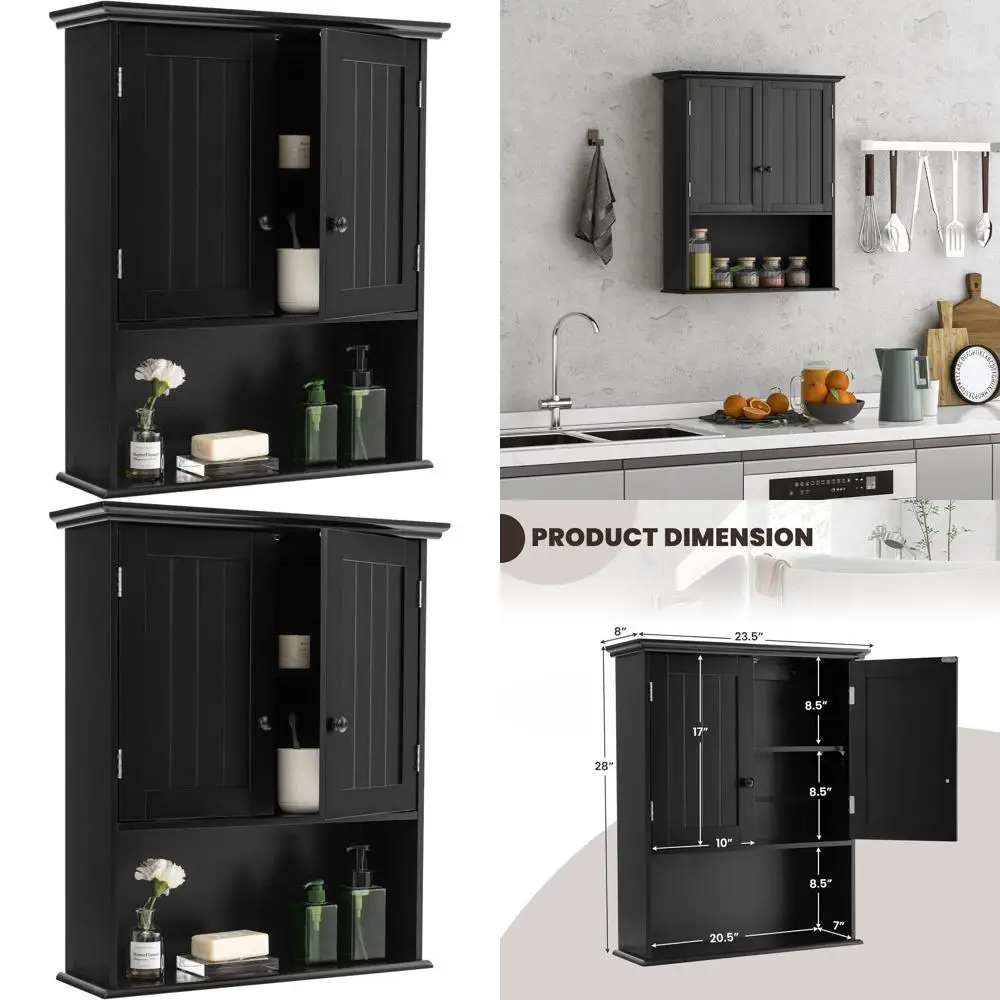 Double Door Wall-Mounted Medicine Cabinet with Open Shelf & Adjustable Storage for Bathroom, Living Room, and Entryway in Black
Double Door Wall-Mounted Medicine Cabinet with Open Shelf & Adjustable Storage for Bathroom, Living Room, and Entryway in Black