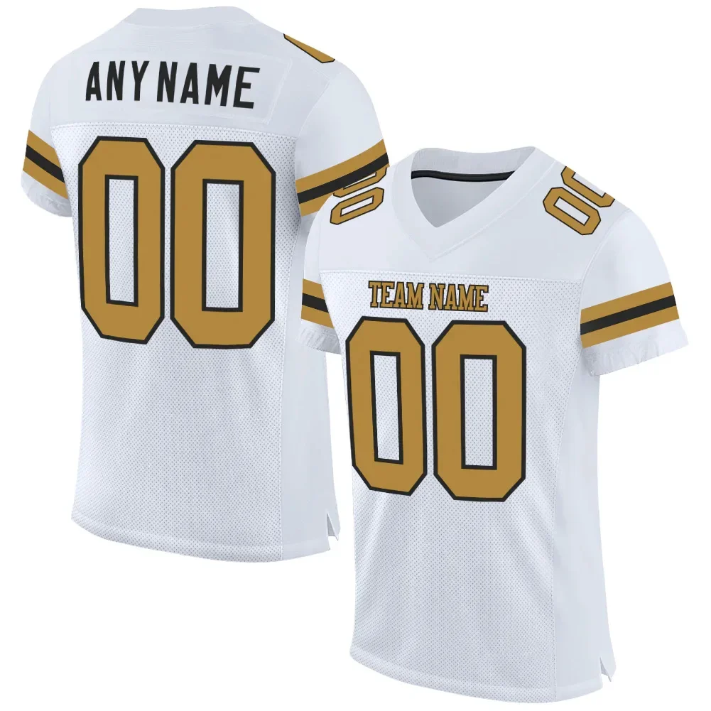 White Gold Polyester Customized Football Jersey for Men Football Short Sleeves Athletic Tee Shirts
White Gold Polyester Customized Football Jersey for Men Football Short Sleeves Athletic Tee Shirts
