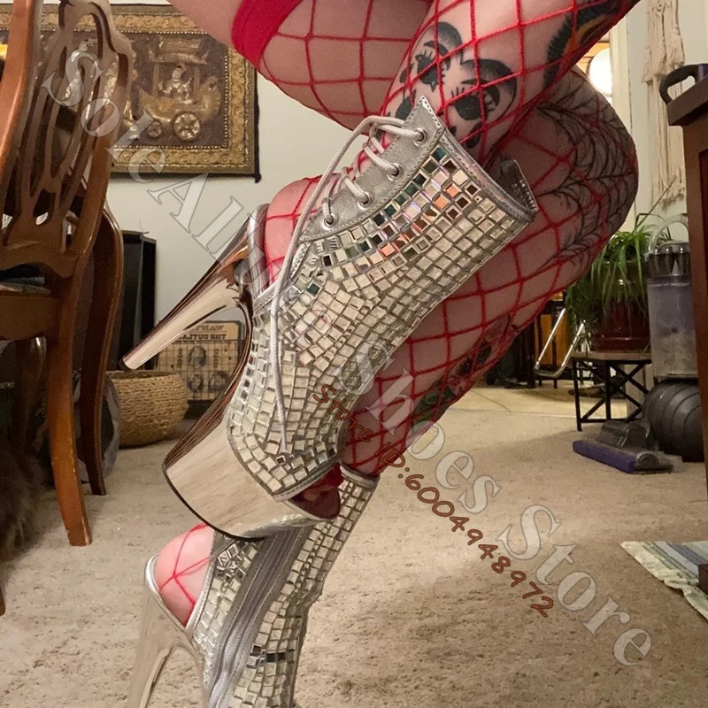 Mirror Tile Cutout Platform Ankle Boots Peep Toe Rear Lace Up Mirror Metallic Stiletto Booties Club Party Stage Performance Boot
Mirror Tile Cutout Platform Ankle Boots Peep Toe Rear Lace Up Mirror Metallic Stiletto Booties Club Party Stage Performance Boot
