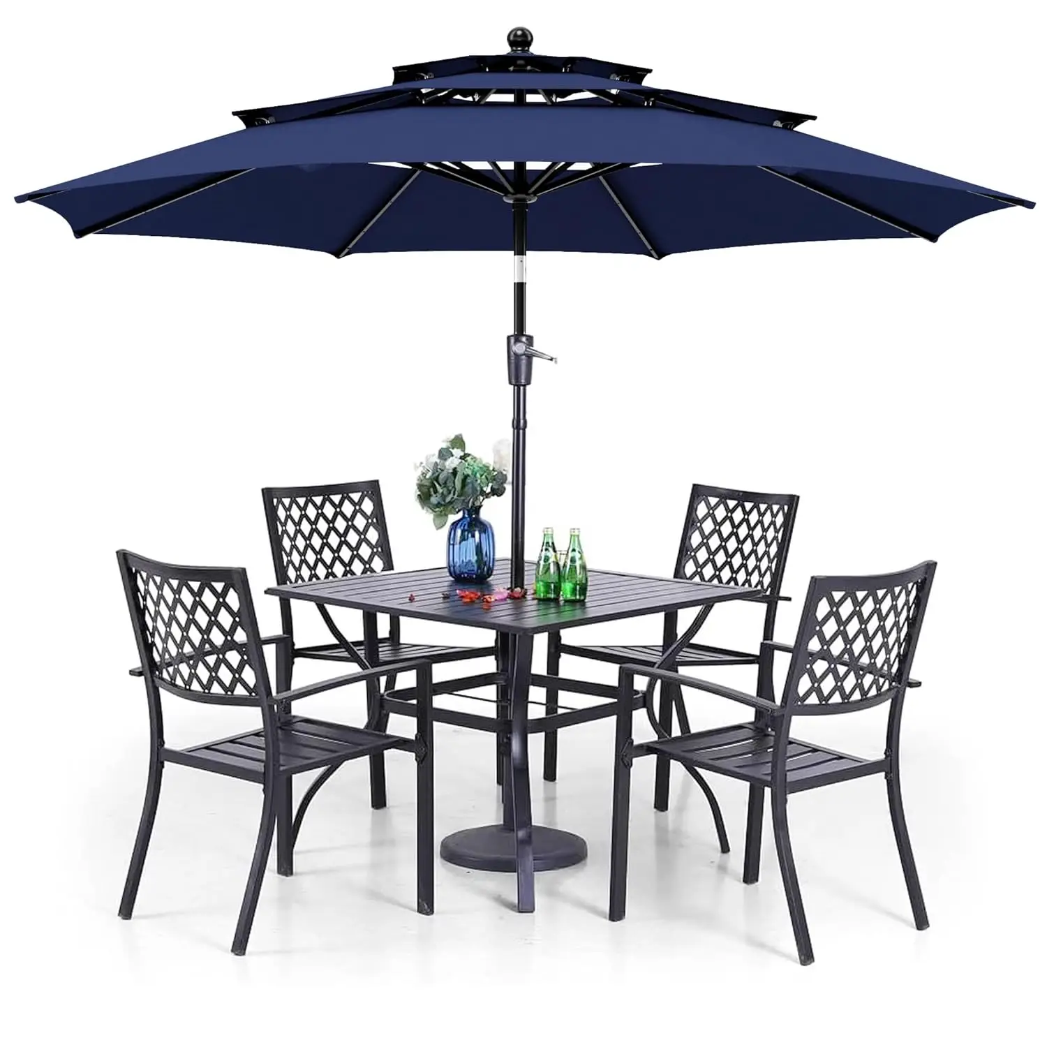 Patio Dining Set 6 Piece with 4 Metal Outdoor Stackable Chairs, 1 Square Metal Table and 10ft 3 Tier Umbrella(Navy, Customized
Patio Dining Set 6 Piece with 4 Metal Outdoor Stackable Chairs, 1 Square Metal Table and 10ft 3 Tier Umbrella(Navy, Customized