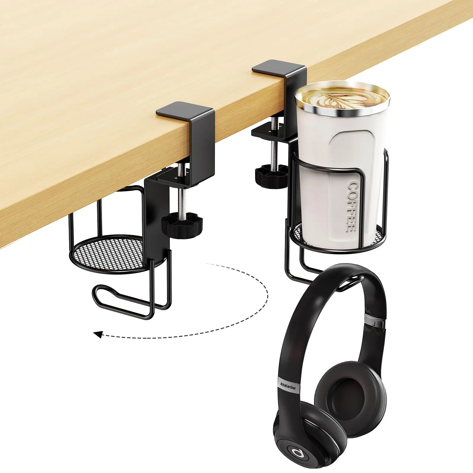 2 in 1 Desk Cup Holder with Headphone Hanger Holder, Anti-Spill Clip-On Table Cup Hook with 360° Rotation for Office Home Table
2 in 1 Desk Cup Holder with Headphone Hanger Holder, Anti-Spill Clip-On Table Cup Hook with 360° Rotation for Office Home Table