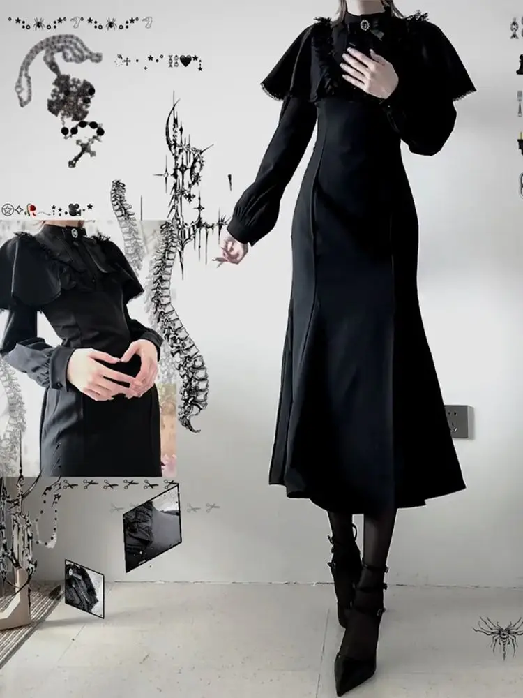 Darkly Gothic Style Skinny Long Sleeve Cape Dress Women Spring Y2k Vintage Fishtail Dress Female Design Chic Black Slim Clothing
Darkly Gothic Style Skinny Long Sleeve Cape Dress Women Spring Y2k Vintage Fishtail Dress Female Design Chic Black Slim Clothing