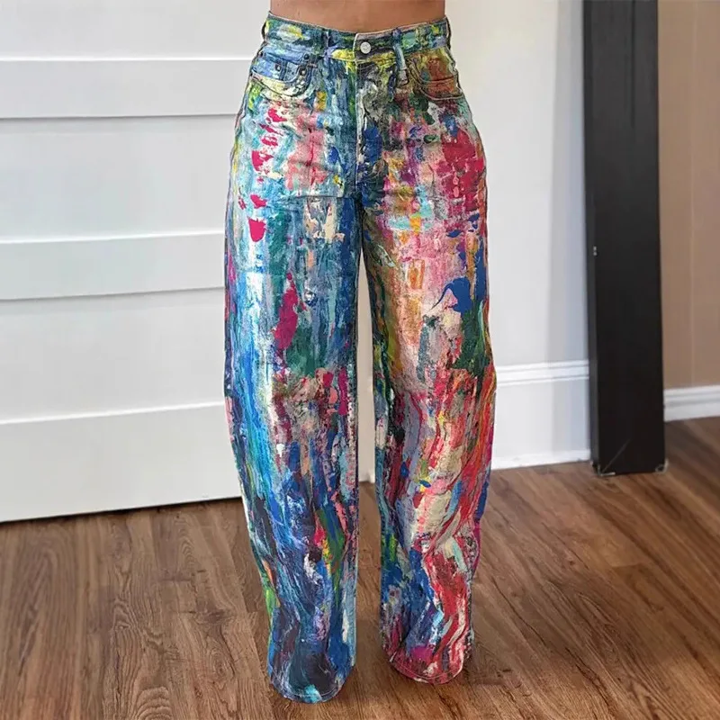 Women's High Waist Cotton Stretch Denim Painted Jeans Wide Leg Blue High Waist Standard Fit Medium Stretch Faded Fabric
Women's High Waist Cotton Stretch Denim Painted Jeans Wide Leg Blue High Waist Standard Fit Medium Stretch Faded Fabric