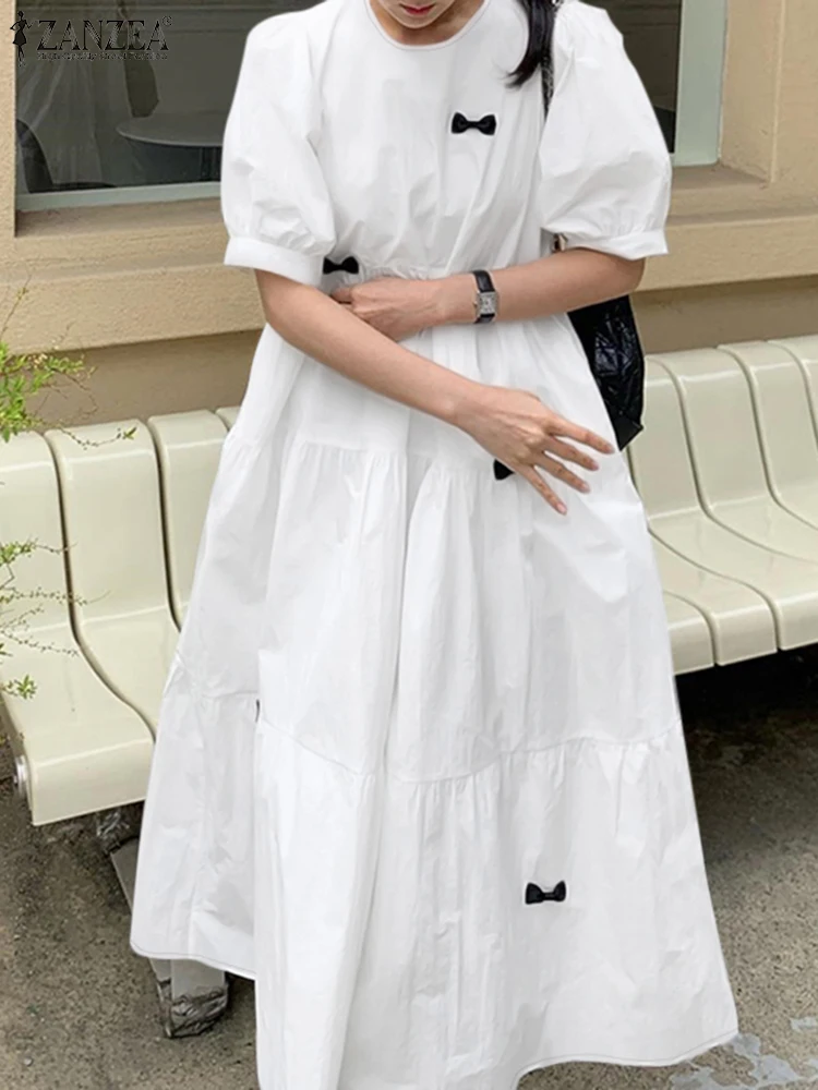 ZANZEA Women Sweety Tiered Dresses Elegant Puff Sleeve Contrast-Color Bow Loose Midi Robes Femme Casual Solid Color Vestidos
ZANZEA Women Sweety Tiered Dresses Elegant Puff Sleeve Contrast-Color Bow Loose Midi Robes Femme Casual Solid Color Vestidos