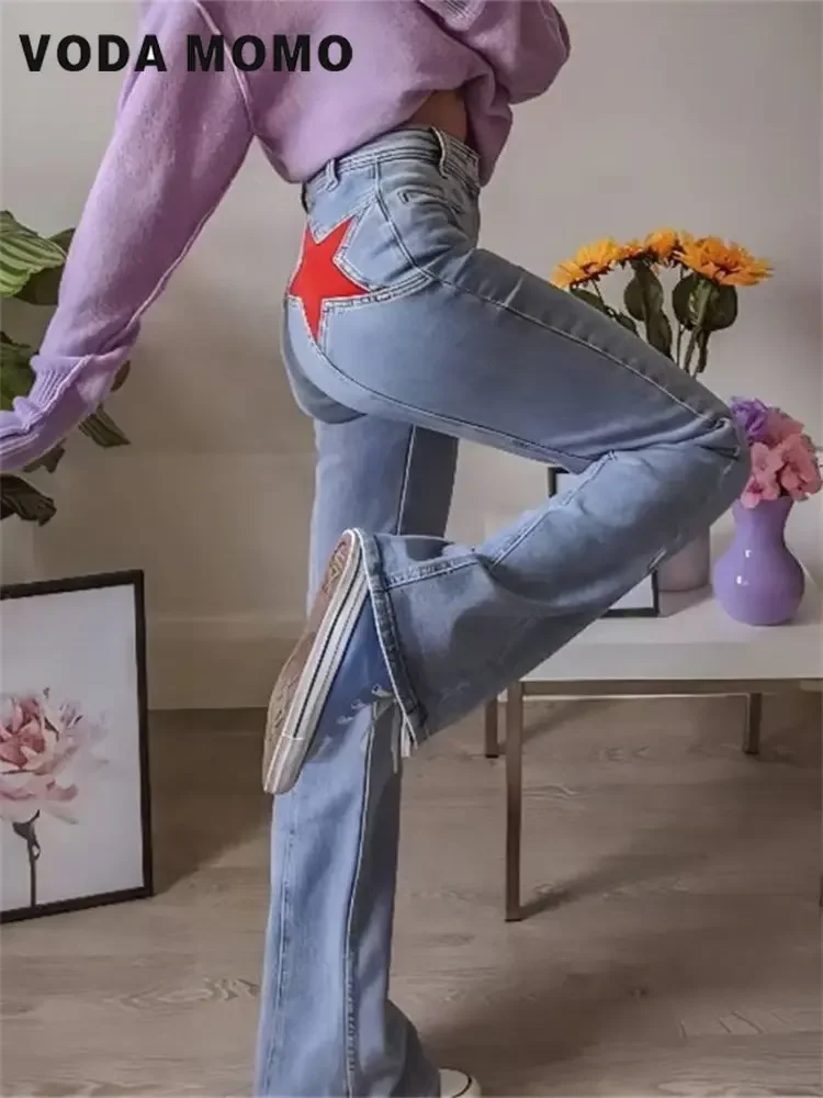Осенние винтажные европейские и американские стильные дизайнерские облегающие брюки с пятиконечной звездой, прямые женские прямые широкие брюки, джинсы 
Осенние винтажные европейские и американские стильные дизайнерские облегающие брюки с пятиконечной звездой, прямые женские прямые широкие брюки, джинсы