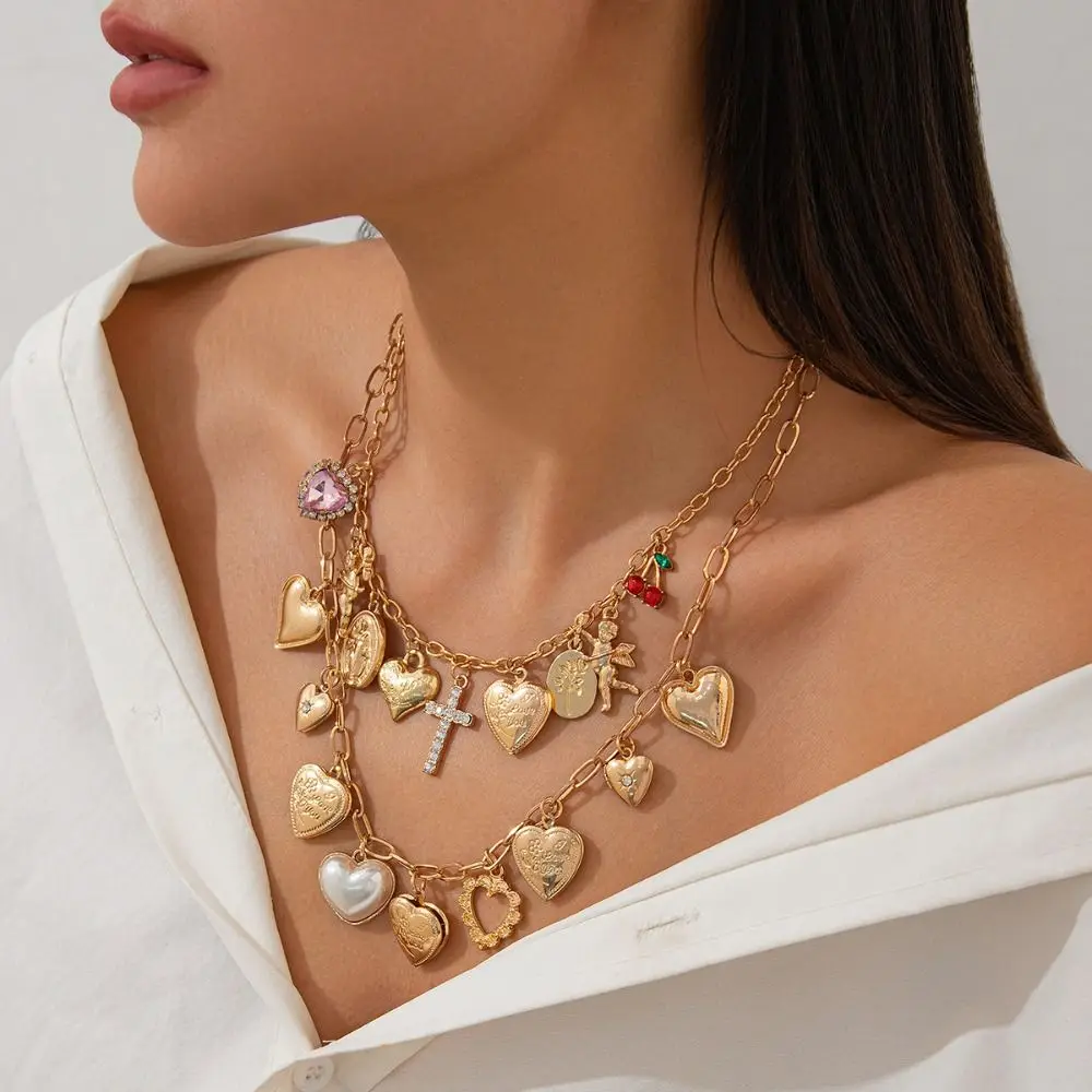 Vintage Style Heart Pendant Necklace Metal Material Imitation Pearl Rhinestone Cross Choker Double-layer Collarbone Chain 
Vintage Style Heart Pendant Necklace Metal Material Imitation Pearl Rhinestone Cross Choker Double-layer Collarbone Chain