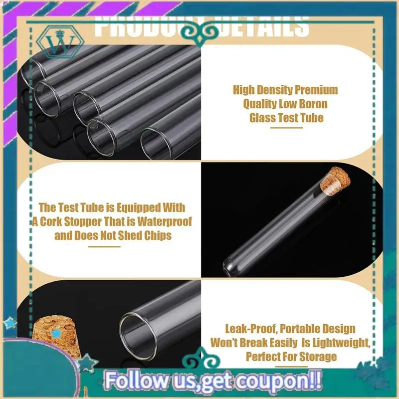100PCS Test Tubeswith Cork Clear Stoppers Round Bottom Lab Test Alcohol Tampons Tubes Container(15X100mm/13Ml)
100PCS Test Tubeswith Cork Clear Stoppers Round Bottom Lab Test Alcohol Tampons Tubes Container(15X100mm/13Ml)