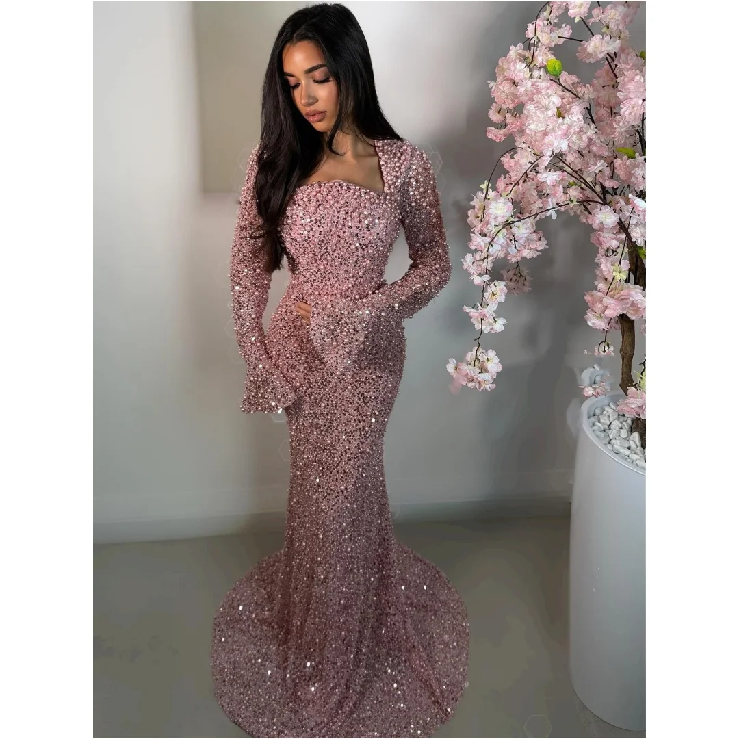 Pink Beading Evening Dresses Woman Long Sleeves Sequin Prom Dress Luxury Mermaid Wedding Party Gown Customized Vestidos
Pink Beading Evening Dresses Woman Long Sleeves Sequin Prom Dress Luxury Mermaid Wedding Party Gown Customized Vestidos