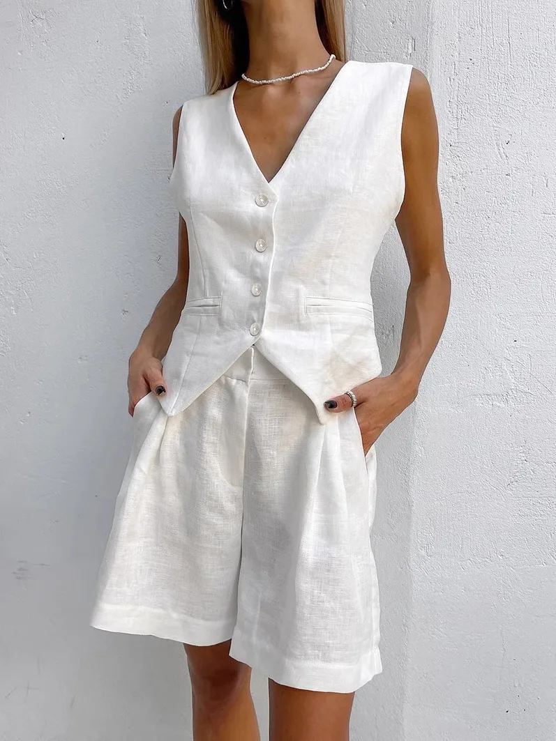 Cotton Linen Suit Vest Shorts Set Women's Casual Fashion Ensemble Summer Collection Comfortable Breathable Material
Cotton Linen Suit Vest Shorts Set Women's Casual Fashion Ensemble Summer Collection Comfortable Breathable Material