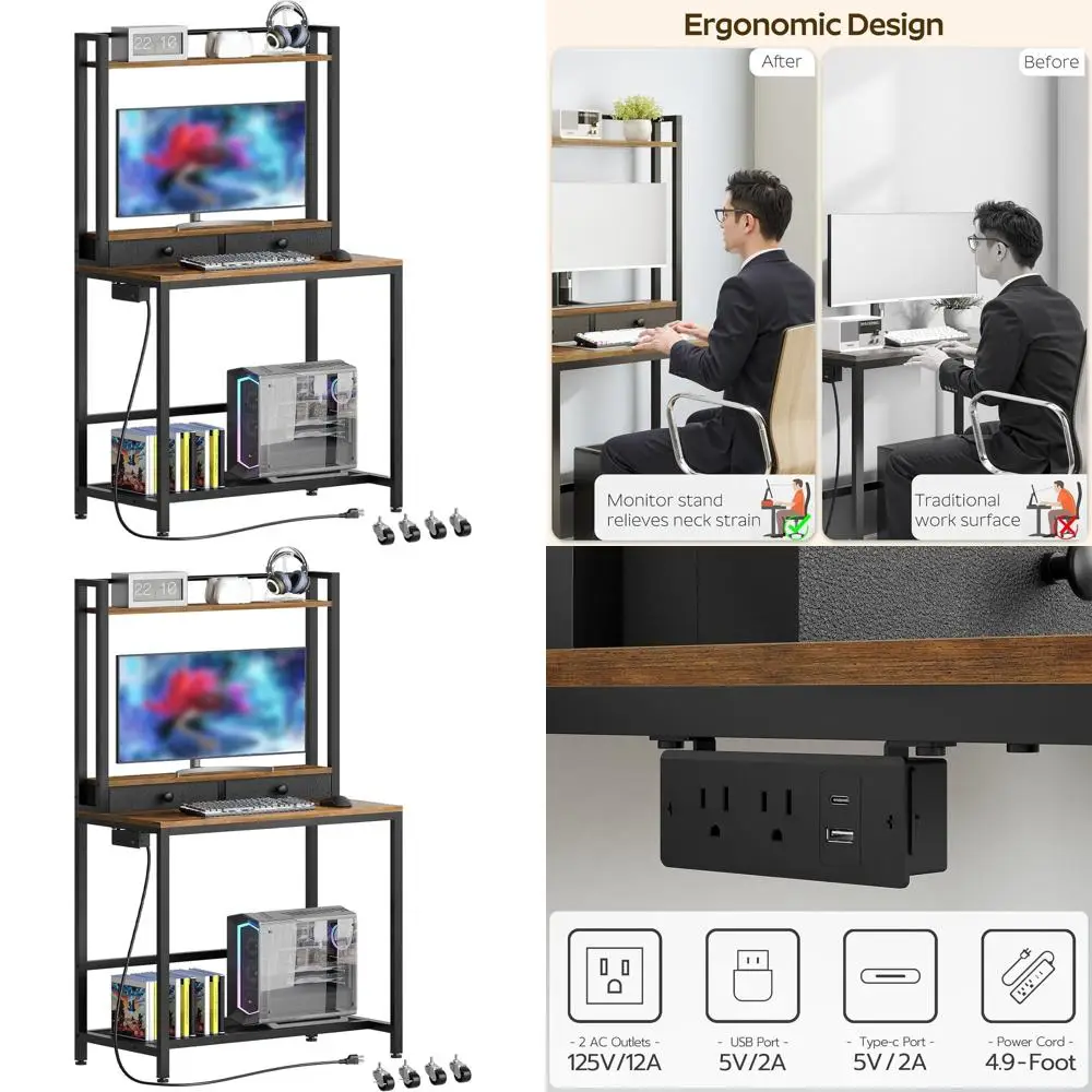 Рустикальный коричневый домашний офисный стол с надстройкой, розетками и подставкой для монитора на колесиках
Рустикальный коричневый домашний офисный стол с надстройкой, розетками и подставкой для монитора на колесиках