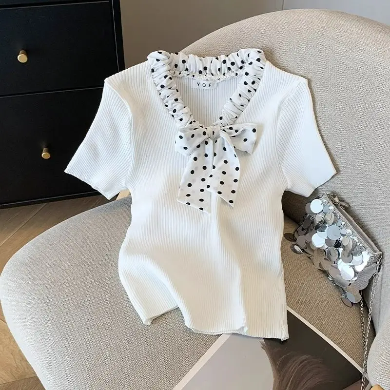 Luxury Design Clothing Women Patchwork Ice Silk Knit T-shirt Slim V-neck Short Sleeve Tops Spring Summer Tees White Black Tops
Luxury Design Clothing Women Patchwork Ice Silk Knit T-shirt Slim V-neck Short Sleeve Tops Spring Summer Tees White Black Tops