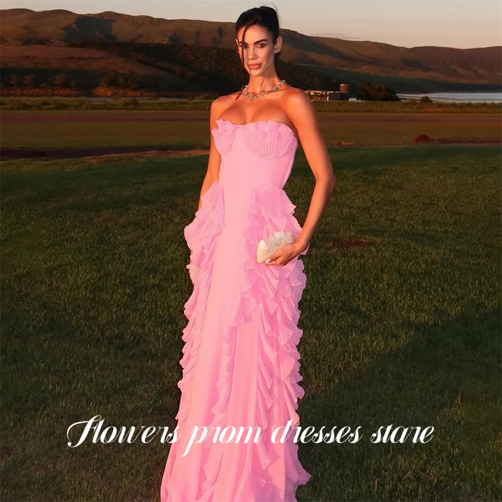 Flowers Pink Prom Dresses Strapless Sleeveless Gala Dresses Straight Saudi Arabic Layered Satin Evening Party Gown Customized
Flowers Pink Prom Dresses Strapless Sleeveless Gala Dresses Straight Saudi Arabic Layered Satin Evening Party Gown Customized