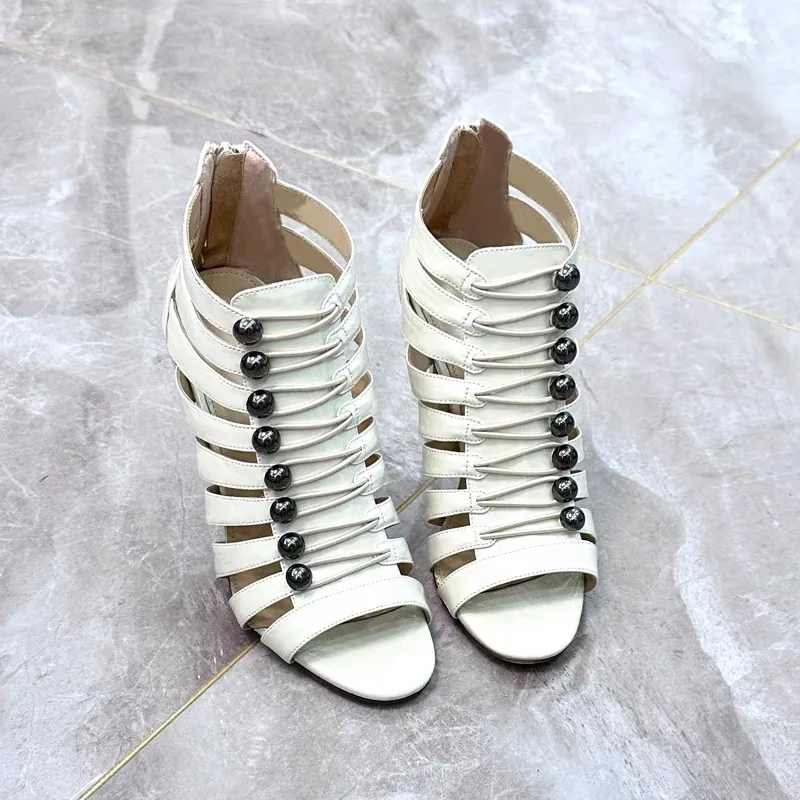 Women White Cutout Gladiator Ankle Sandals Black Round Bead Decor Back Zipper Open Toe Stiletto Gothic Evening High Heel Boots
Women White Cutout Gladiator Ankle Sandals Black Round Bead Decor Back Zipper Open Toe Stiletto Gothic Evening High Heel Boots