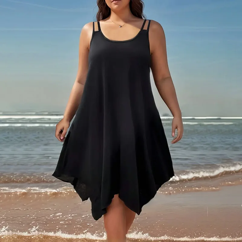 Однотонное платье больших размеров с асимметричным подолом и бретелями
Однотонное платье больших размеров с асимметричным подолом и бретелями