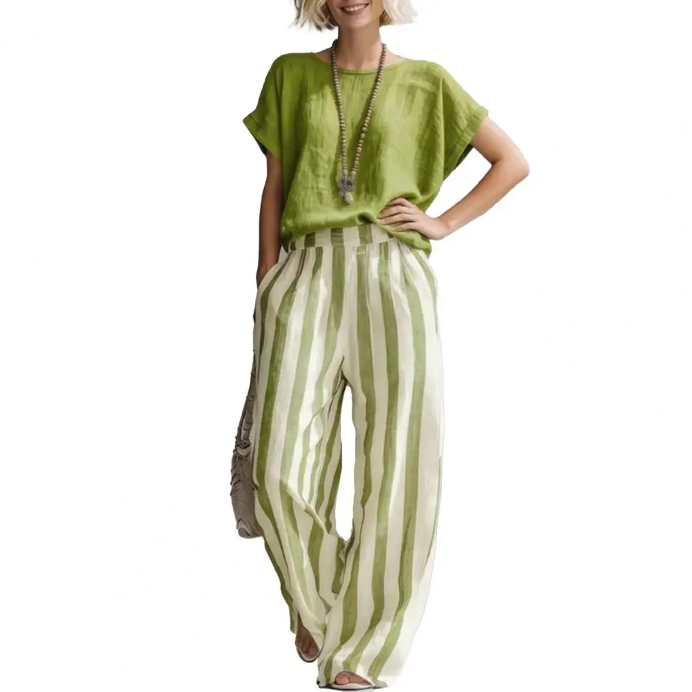 Summer Women's Casual Trousers Set Print Stripe Contrast Color V-Neck Short-sleeved Top Wide-leg Pants Two-piece Sets
Summer Women's Casual Trousers Set Print Stripe Contrast Color V-Neck Short-sleeved Top Wide-leg Pants Two-piece Sets