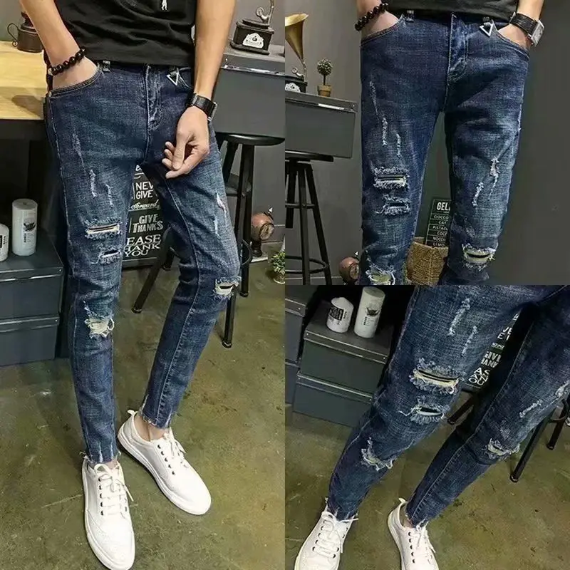 Fashion Casual Spring Autumn Slim Men's Jeans Pencil Pants Denim Trousers Holes Patch Korean Style Trendy Blue Ripped Trousers
Fashion Casual Spring Autumn Slim Men's Jeans Pencil Pants Denim Trousers Holes Patch Korean Style Trendy Blue Ripped Trousers