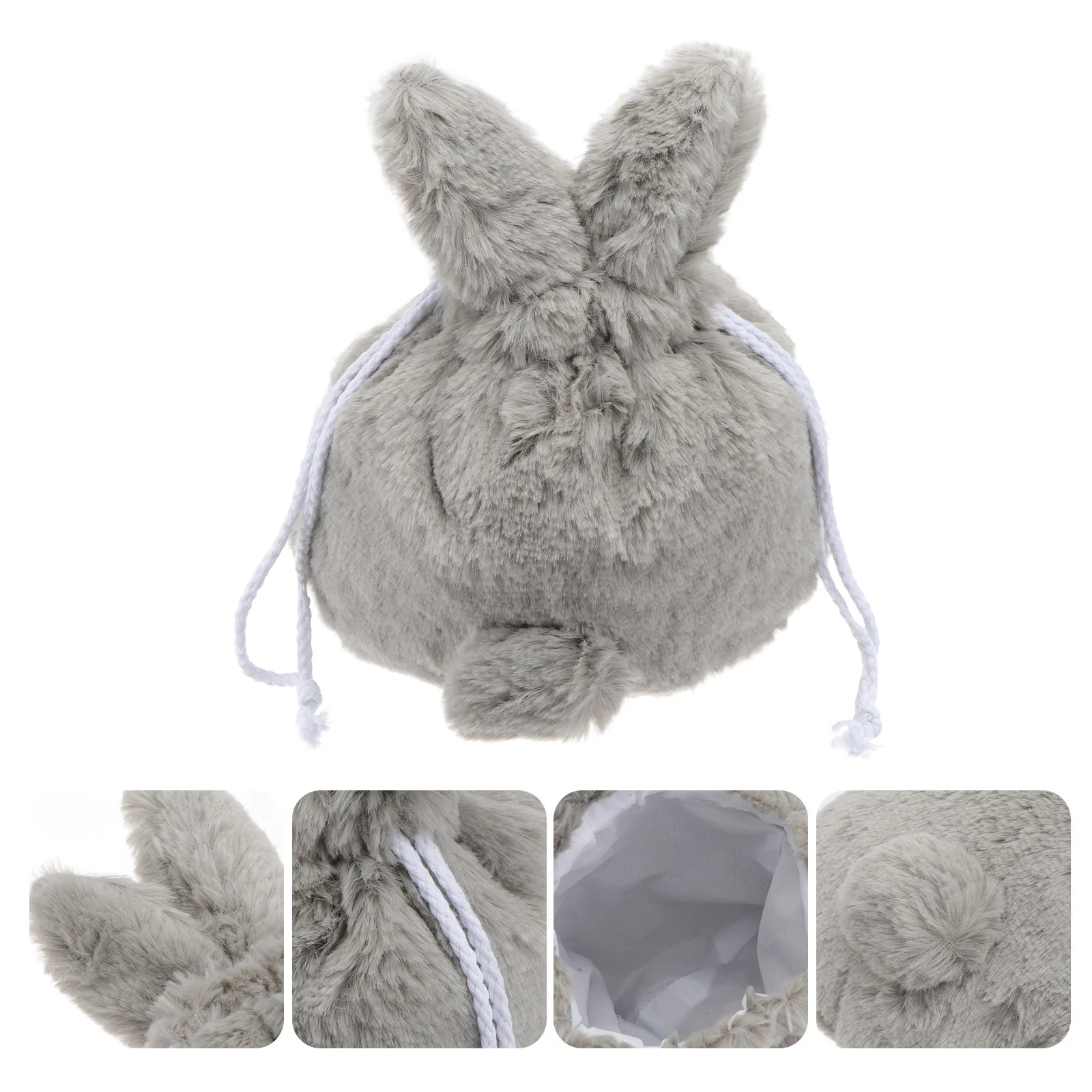 Drawstring Bag Grey Rabbit Ear Design Makeup Pouch For Storage Lightweight Travel Accessory Wallet Card Holder