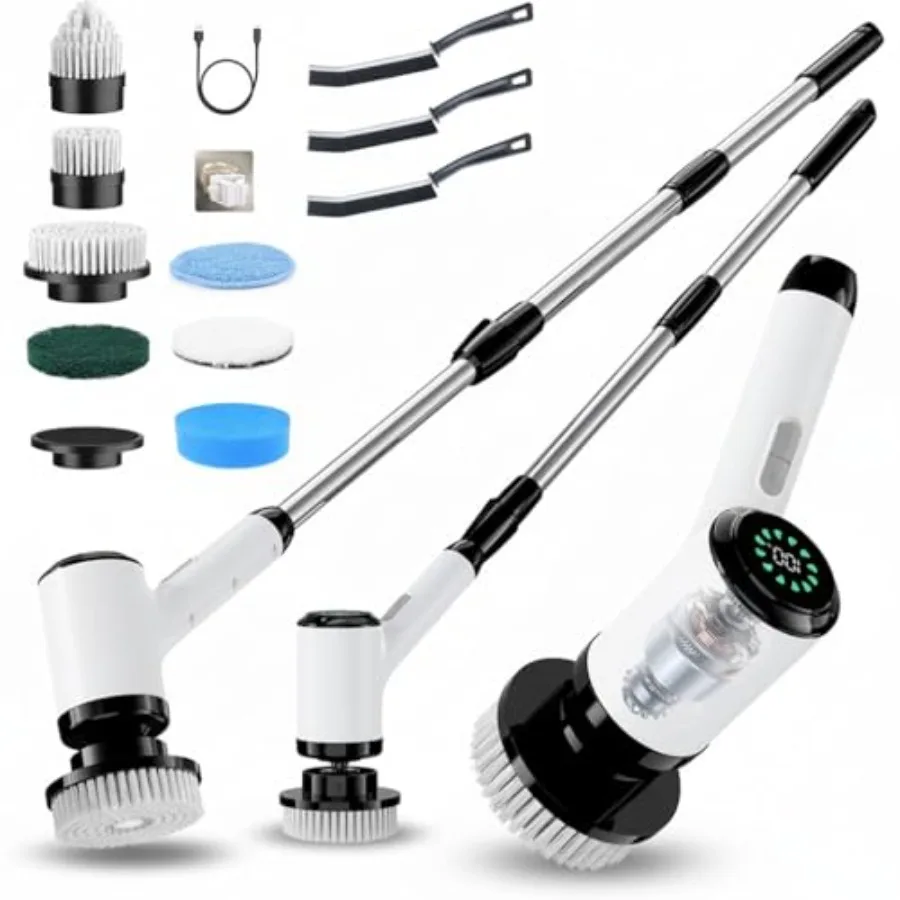 Electric Spin Scrubber, Cordl Power Cleaning Brush with 8 Replaceable Heads, 2 Adjustable Speeds, LED Display and Long Handle,
Electric Spin Scrubber, Cordl Power Cleaning Brush with 8 Replaceable Heads, 2 Adjustable Speeds, LED Display and Long Handle,