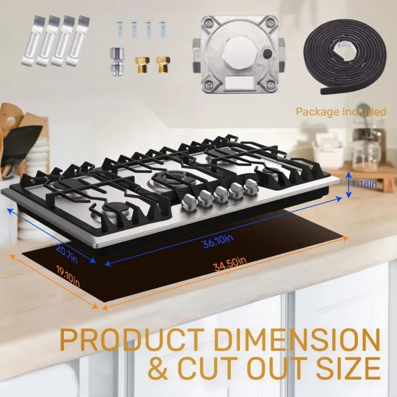 36 Inch Built-in Gas Cooktop 5 Sealed Burners 41800 BTU Propane LPG Convertible Thermocouple Protection Stainless Steel Stove
36 Inch Built-in Gas Cooktop 5 Sealed Burners 41800 BTU Propane LPG Convertible Thermocouple Protection Stainless Steel Stove