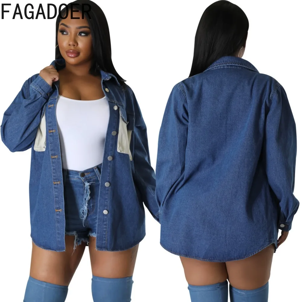 FAGADOER Blue Autumn Casual Patchwork Denim Coats Women Turndown Collar Long Sleeve Button Shirt Casual Female Solid Cowboy Tops
FAGADOER Blue Autumn Casual Patchwork Denim Coats Women Turndown Collar Long Sleeve Button Shirt Casual Female Solid Cowboy Tops