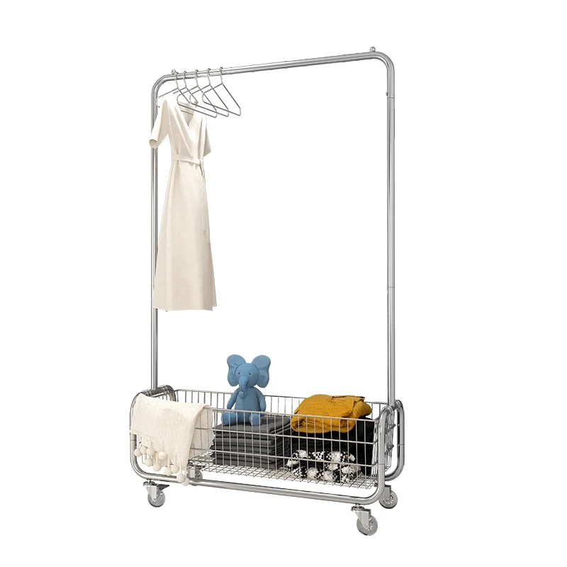 Bedroom floor mounted clothes hanger, movable clothes storage, indoor with basket, simple household clothes and hats
Bedroom floor mounted clothes hanger, movable clothes storage, indoor with basket, simple household clothes and hats