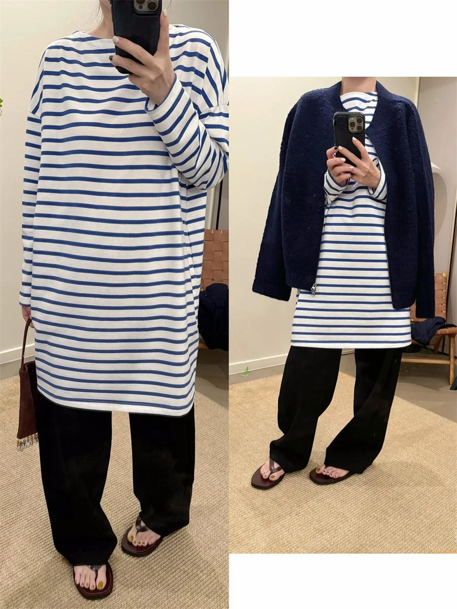 Новинка осени 2024: Свободная полосатая футболка-платье средней длины от MKDesign, повседневная, с длинным рукавом, на одно плечо, из хлопка
Новинка осени 2024: Свободная полосатая футболка-платье средней длины от MKDesign, повседневная, с длинным рукавом, на одно плечо, из хлопка