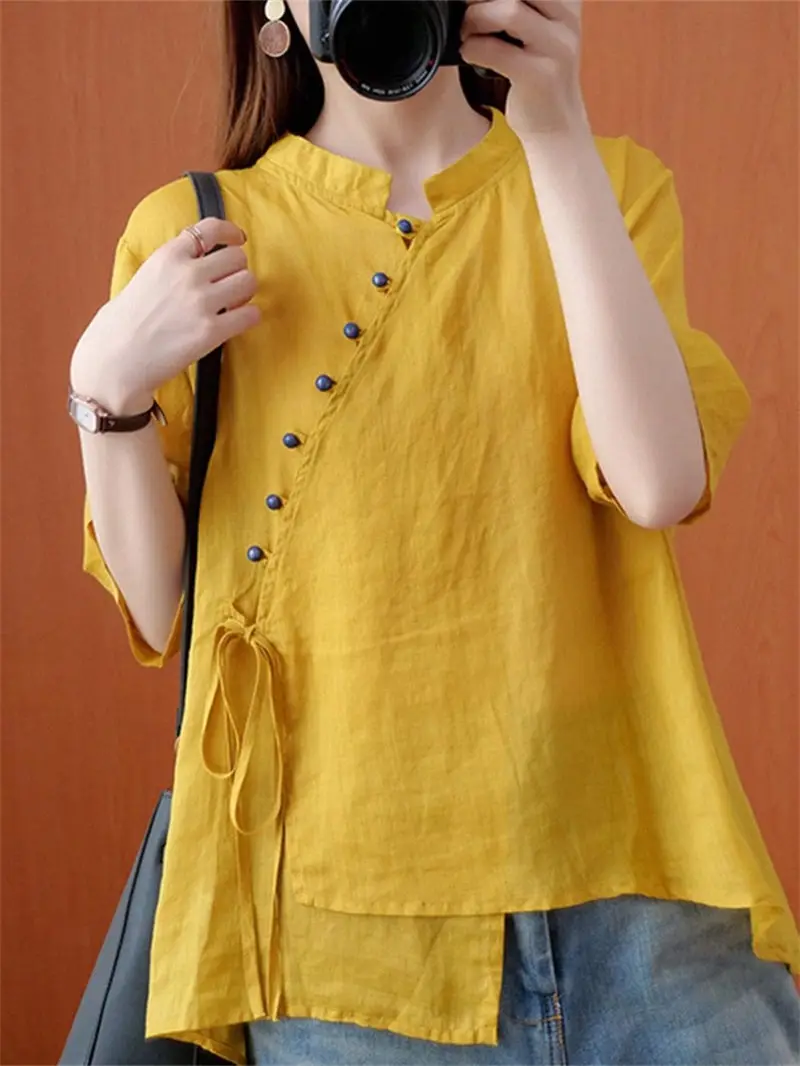 2025 SS Big Size Boho Lace-Up Shirt Women's Asymmetrical Hem Lightweight Cotton Hemp Blend Loose Summer Top G721
2025 SS Big Size Boho Lace-Up Shirt Women's Asymmetrical Hem Lightweight Cotton Hemp Blend Loose Summer Top G721