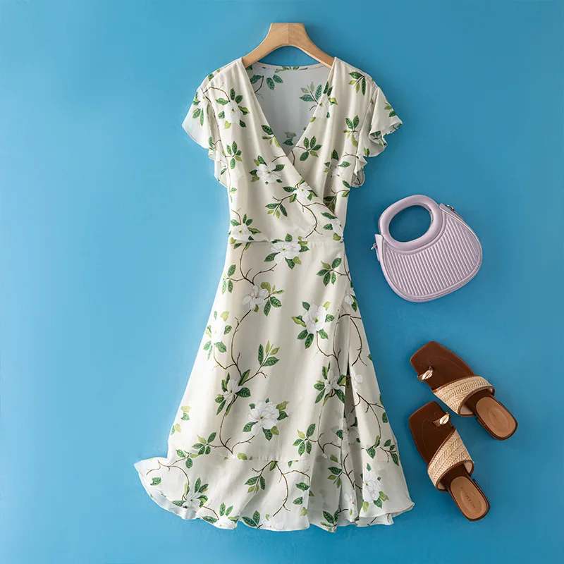 Women's 100%Real Silk Elegant Dress, V Neck Short Sleeve Print, French Ruffles Trumpet Dresses, 2025 Summer
Women's 100%Real Silk Elegant Dress, V Neck Short Sleeve Print, French Ruffles Trumpet Dresses, 2025 Summer