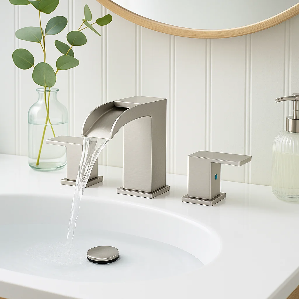 Widespread Bathroom Faucet 8 Inch 3 Hole Waterfall Sink Faucet with 2 Handles Pop Up Drain and Supply Lines Brushed Nickel
Widespread Bathroom Faucet 8 Inch 3 Hole Waterfall Sink Faucet with 2 Handles Pop Up Drain and Supply Lines Brushed Nickel